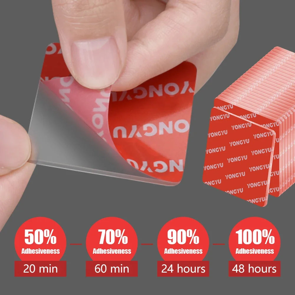 A hand is peeling off a red adhesive pad, showing its strength and various adhesion times.