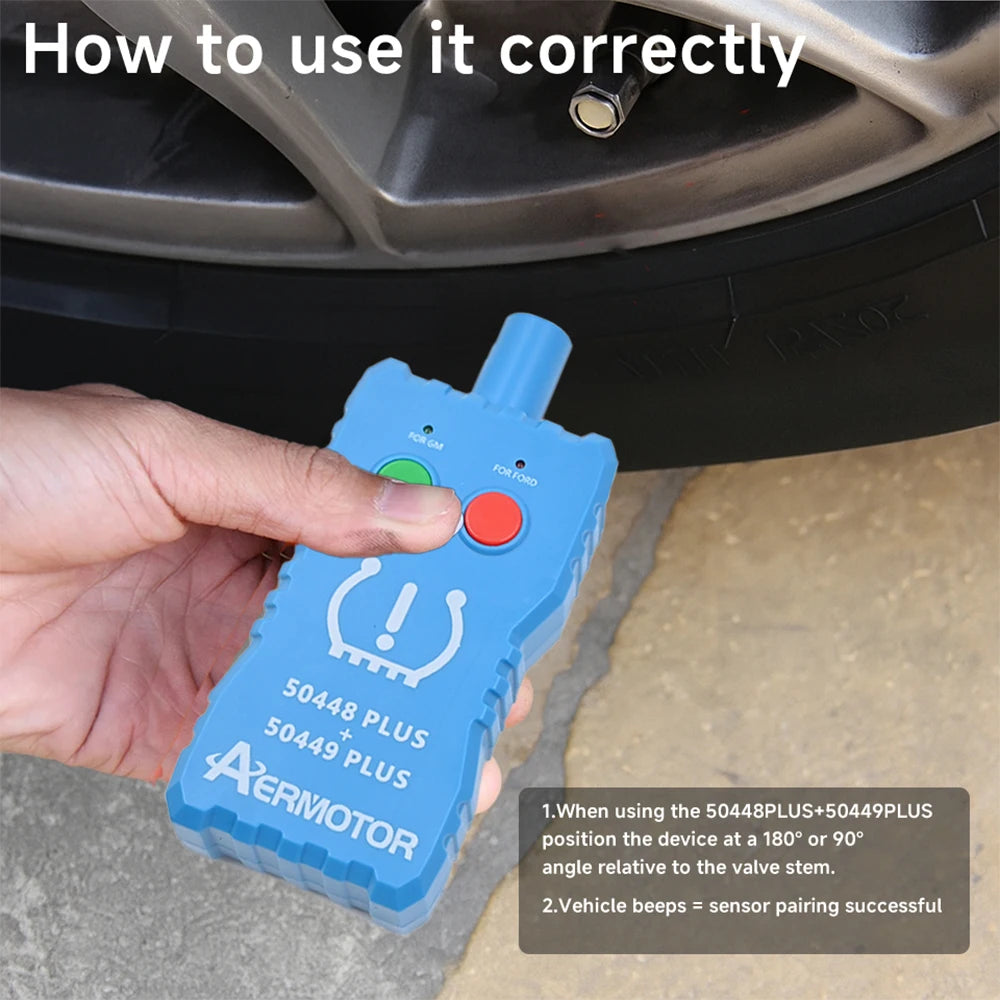 A hand holds a blue electronic tool for tire pressure sensor relearning, demonstrating its use on a vehicle wheel.