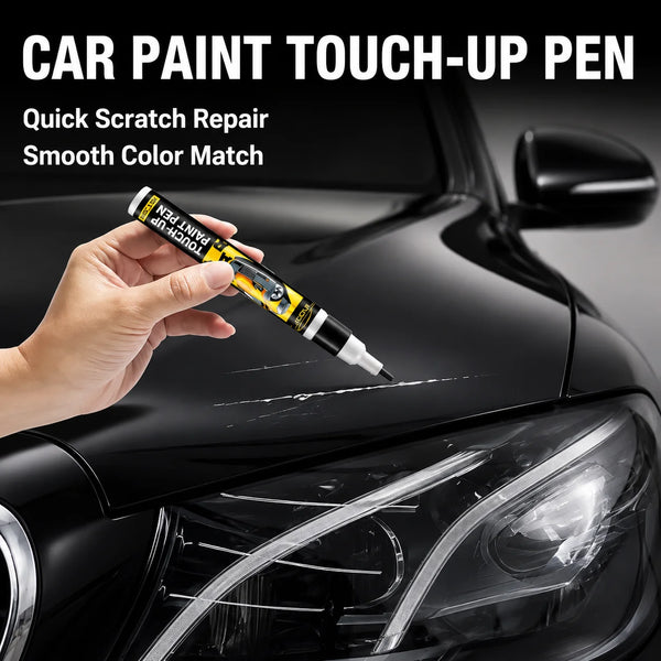 A hand applies a paint touch-up pen to repair a scratch on a black car body panel.