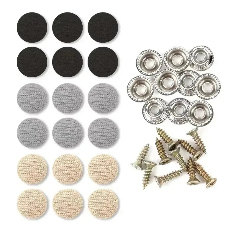 A collection of round, black and gray adhesive buckles and silver rivets for car roof headliner repair.