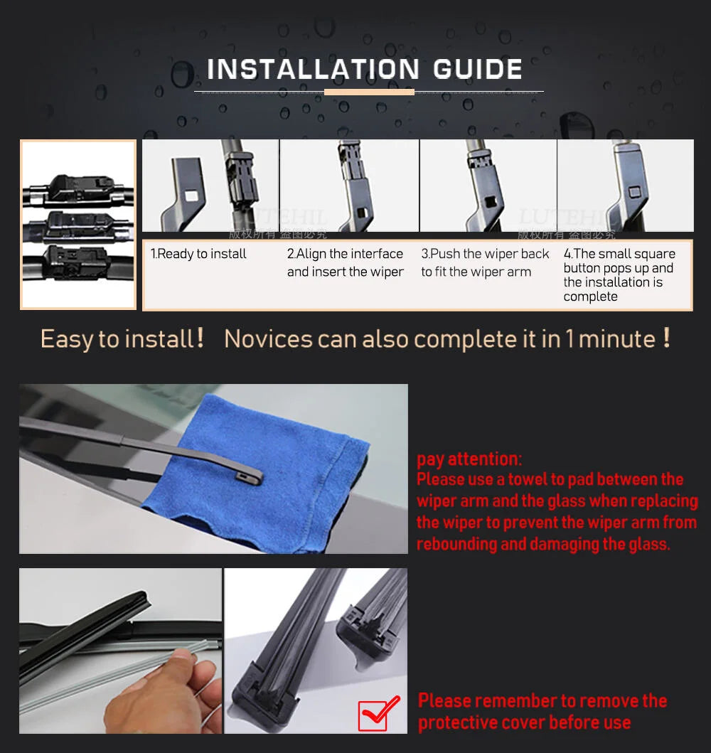 Installation guide showing steps for installing universal car wiper blades on a VW Tiguan