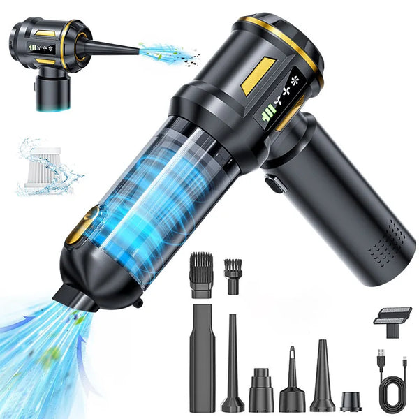 A black cordless handheld car vacuum cleaner with various attachments and a blue suction stream.