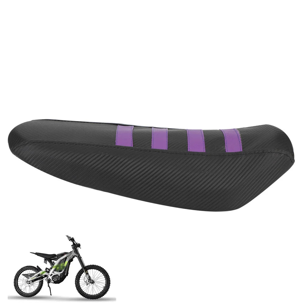 Black seat covers with purple stripes for an electric vehicle