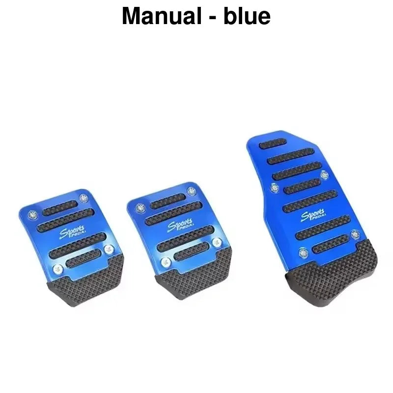 Blue universal aluminum car pedal covers with textured grips.