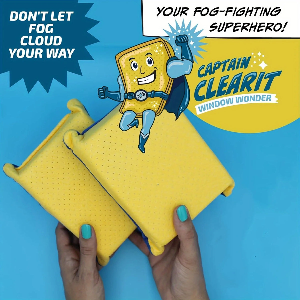 A yellow anti-fog cleaning sponge shaped like a superhero captain with a cape and lightning bolt, being held by hands.