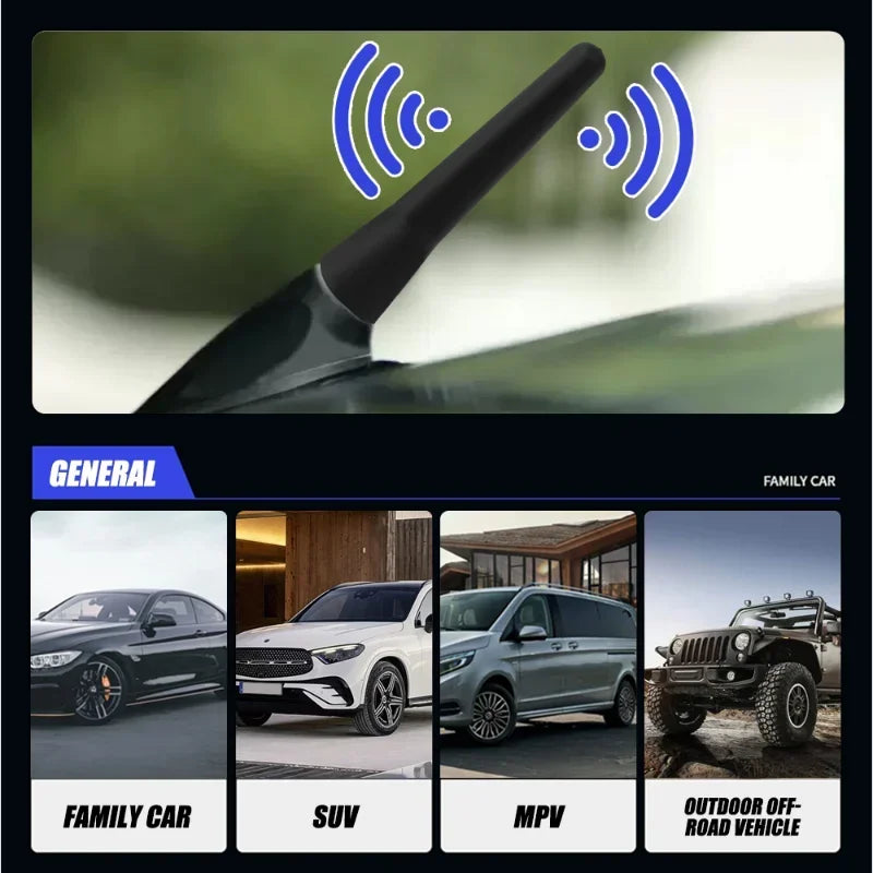 A black universal car roof antenna is shown with signal waves, displayed above categories for family car, SUV, MPV, and outdo