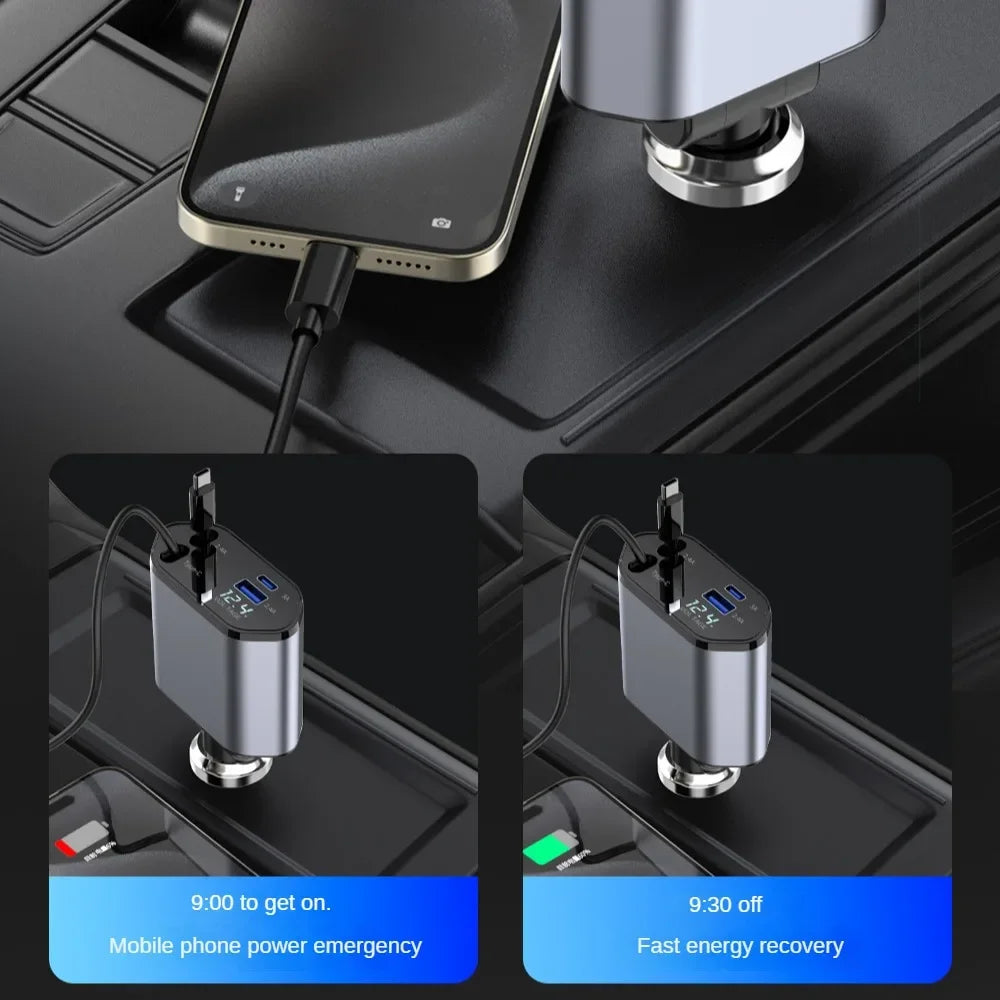 A close-up of a retractable car charger with dual USB ports showing power delivery and recovery features.