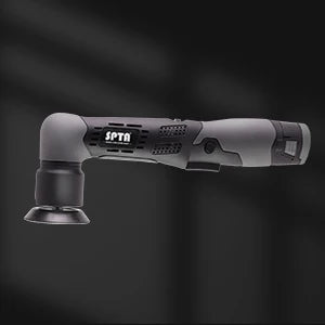 A black cordless mini car detail polisher tool with a rotating pad and handle.