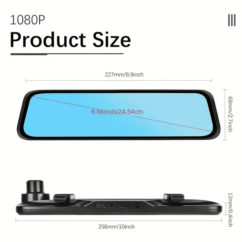 A black dual-camera car dash cam is shown with its dimensions, including the size of the camera body and the lens.
