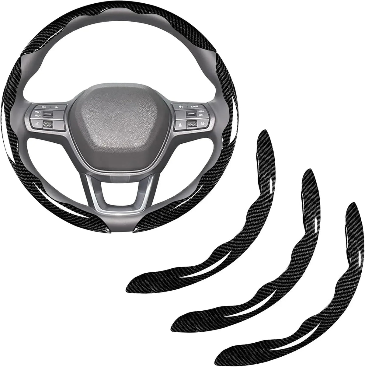 Black carbon fiber steering wheel cover with leather grip and buttons