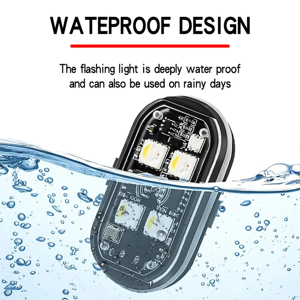 A waterproof flashing light is shown submerged in water droplets, demonstrating its waterproof design.