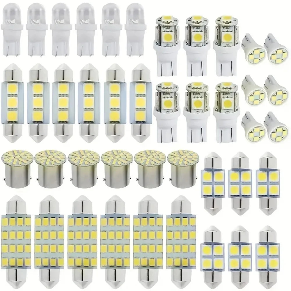 Collection de 42 kits d'éclairage intérieur automobile LED haute performance de différentes formes et tailles.