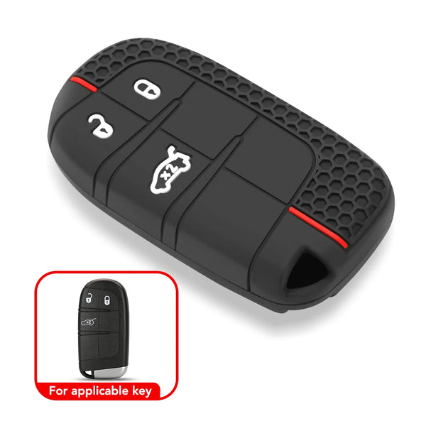 Black silicone key cover for a car key, shown with an inset of the actual key.