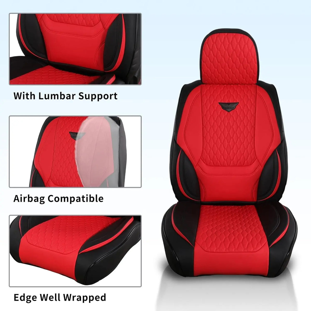 Fundas para asiento de coche rojas y negras con soporte lumbar, compatibilidad con airbag y bordes bien acolchados.