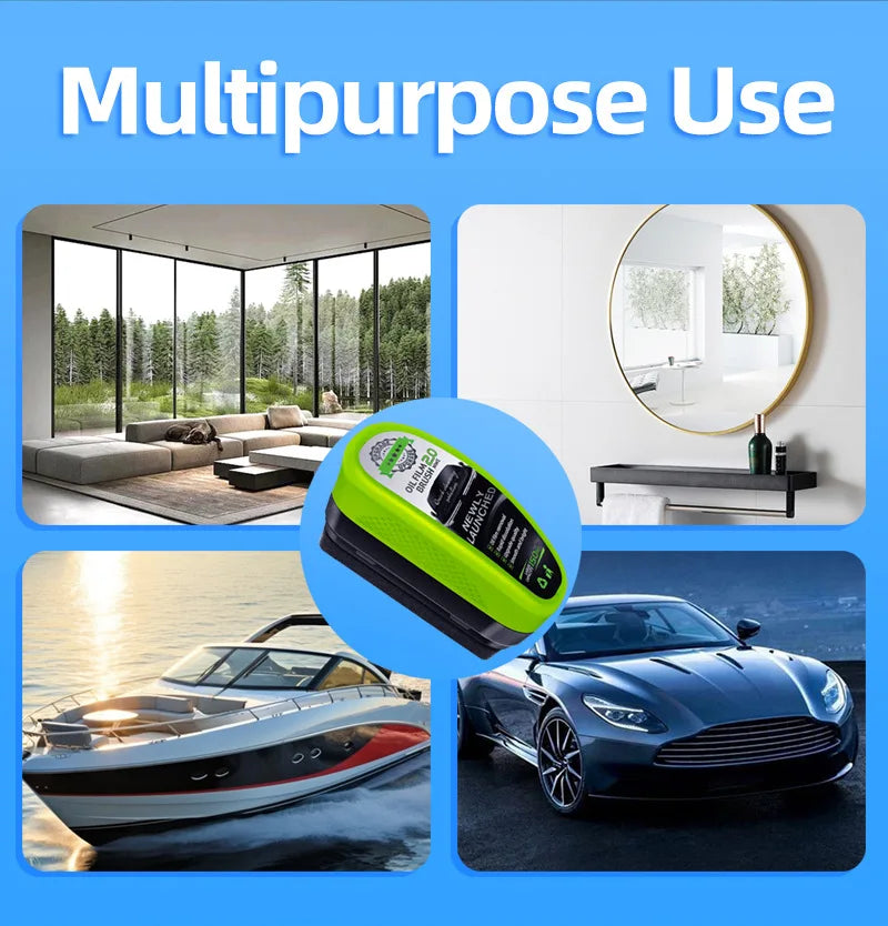 Brosse utilisée pour retirer le film huile sur le verre automobile, montrée à côté d'une scène de salon, d'un bateau et d'une