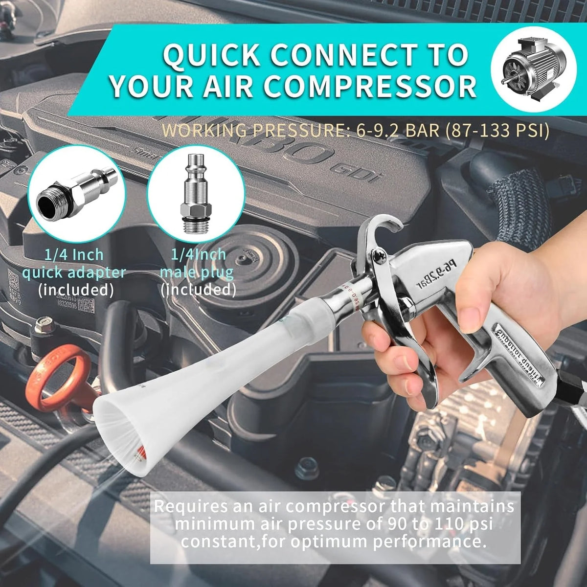 A hand is using a quick connector adapter to connect a tool to an air compressor for dry cleaning.