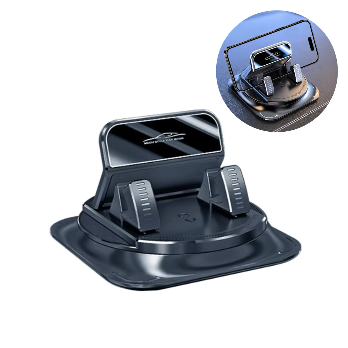 A black 360° rotating anti-slip car dashboard phone mount with a magnetic holder shown next to an inset diagram.