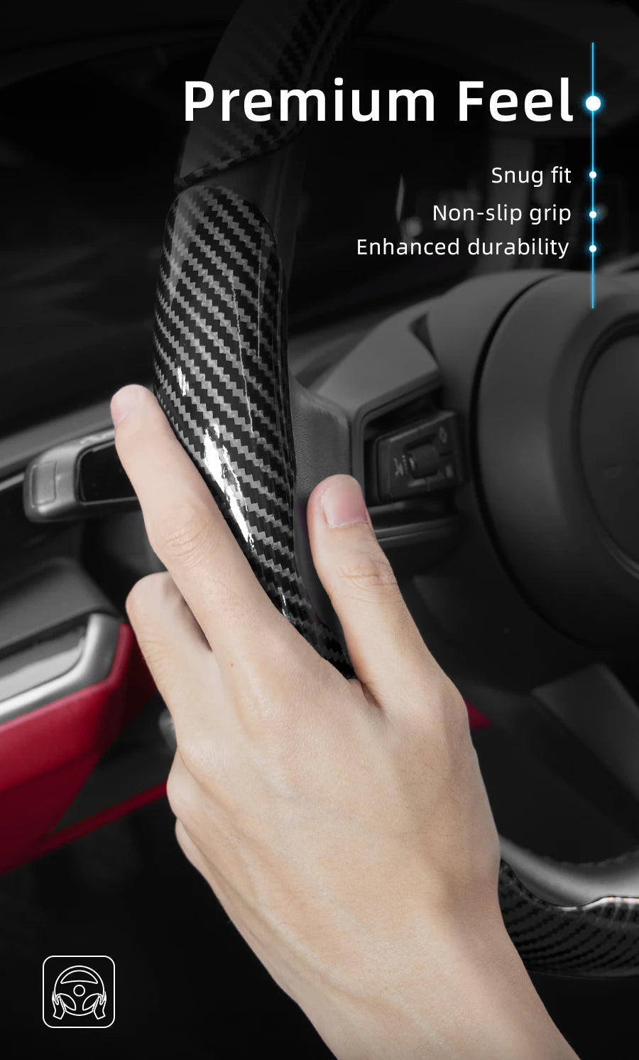 A hand is gripping a black carbon fiber texture steering wheel cover, highlighting its snug fit and durability features.
