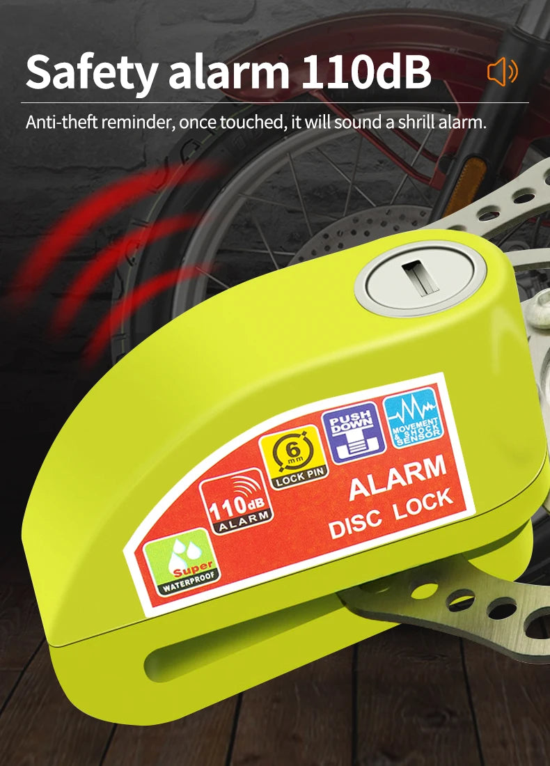 A yellow anti-theft alarm disc lock is shown on a bicycle wheel, with text indicating 110dB sound.