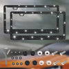 A set of black rhinestone license plate frames and mounting hardware for decorative vehicle plates.