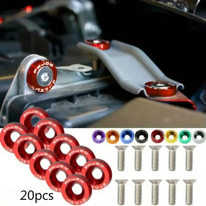 20 pieces of universal automotive color washers and fasteners shown in a close-up view