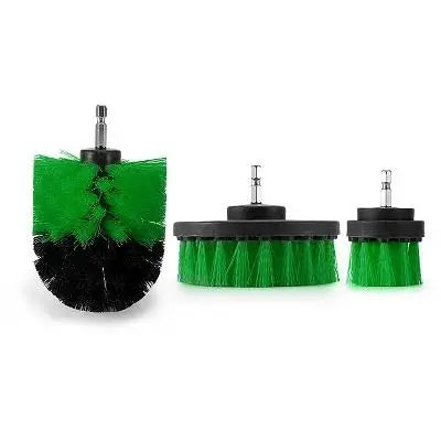 A set of three green and black power scrubber brushes for drill attachments.