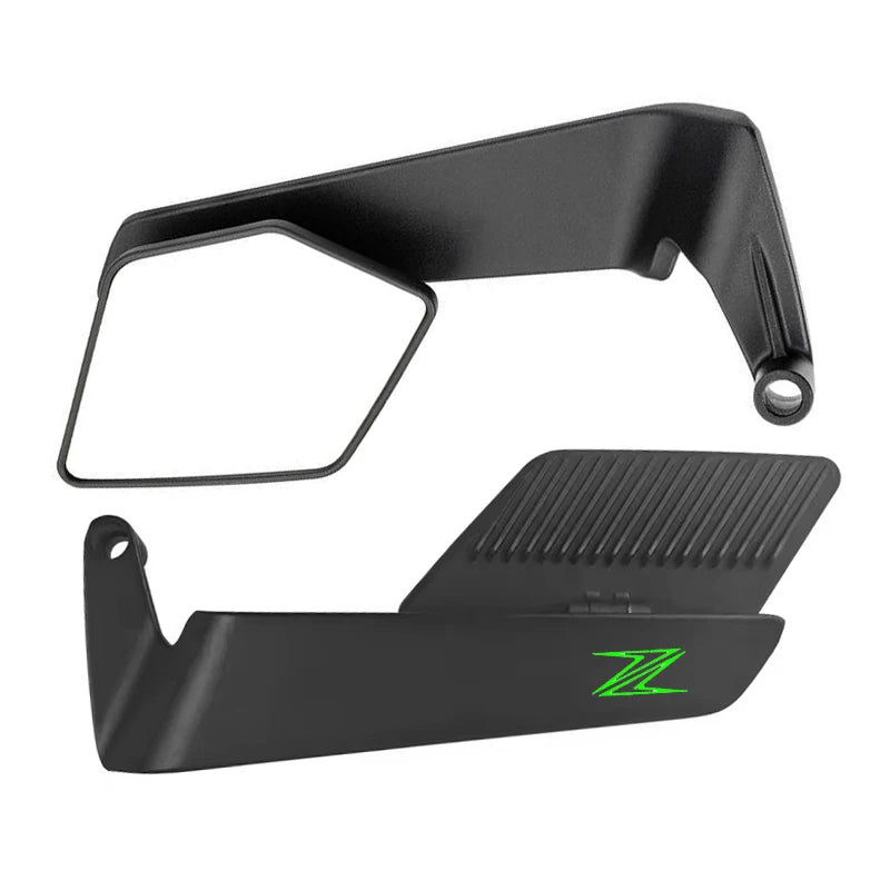 A black adjustable motorcycle side mirror assembly shown from the side.