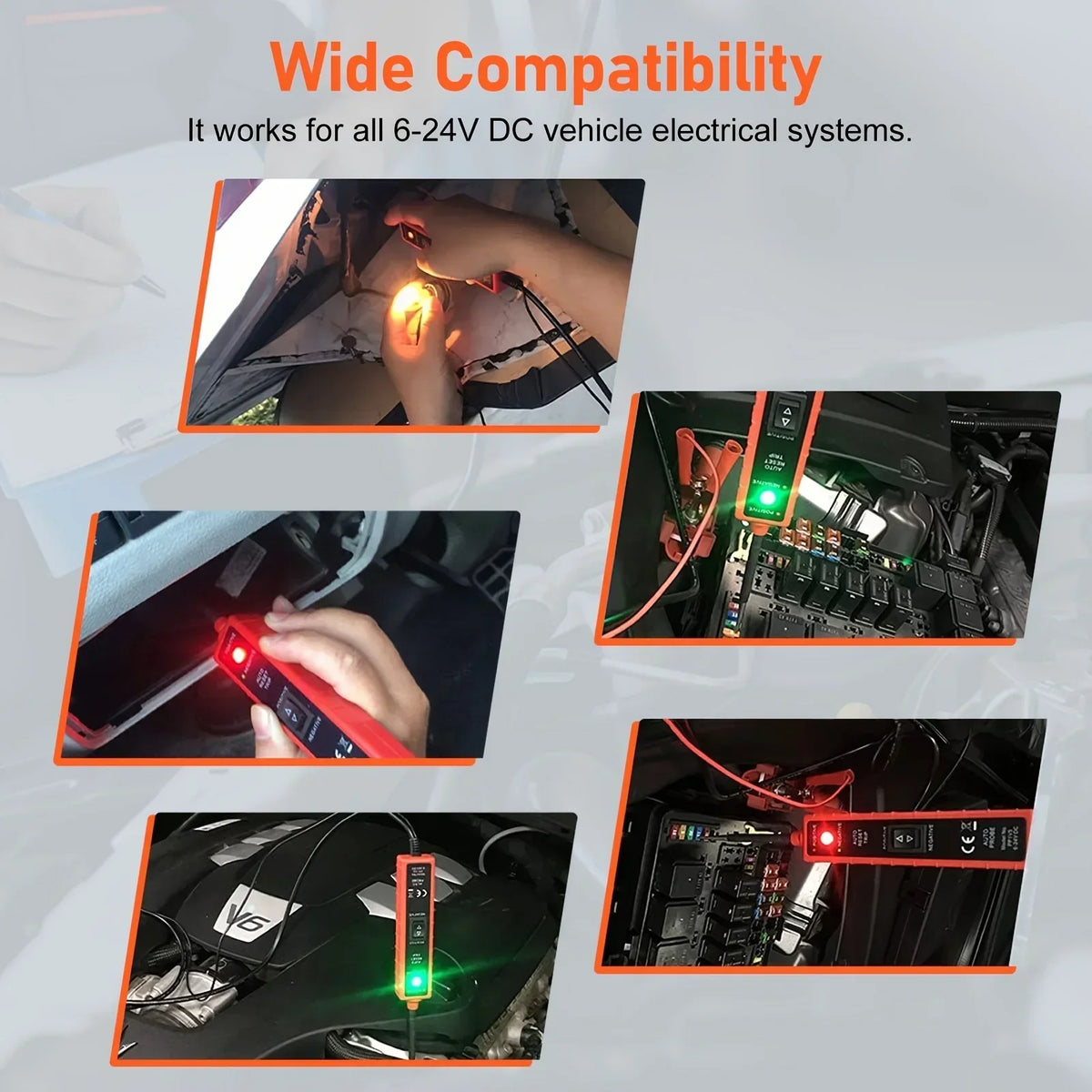A professional automotive electrical tester is shown being used on various vehicle electrical systems.