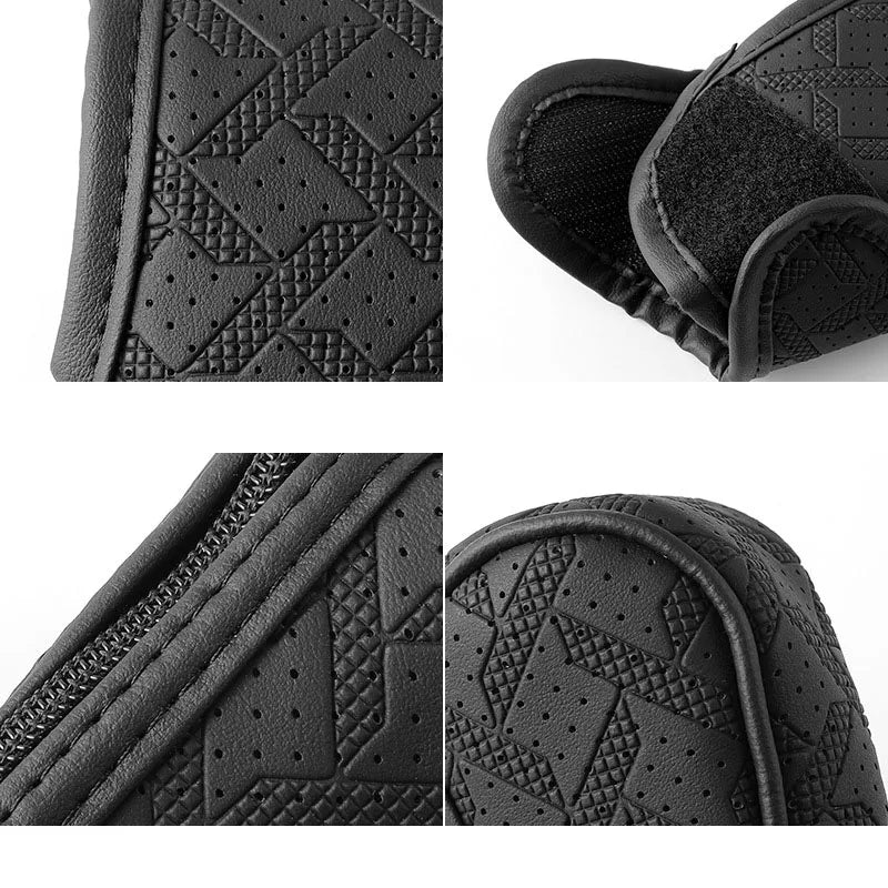 Black artificial leather handbrake cover showing various textures and stitching patterns.