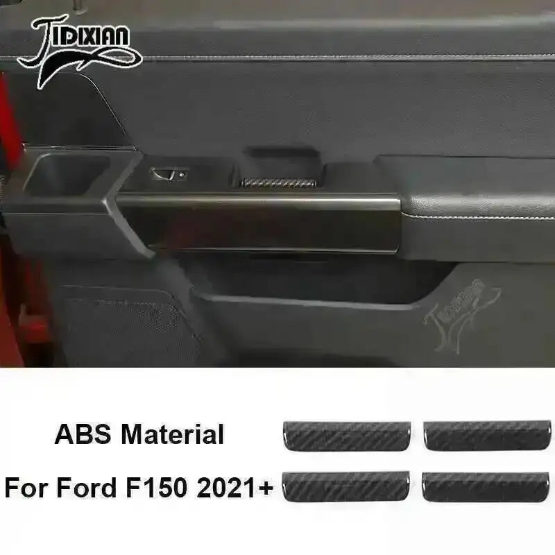 Carbon fiber grain interior trim kit for Ford F150 2021-2024 featuring black trim pieces.