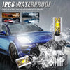 A super bright H4/H7 LED car headlight bulb is shown being installed on a blue car, emphasizing its IP68 waterproof protectio