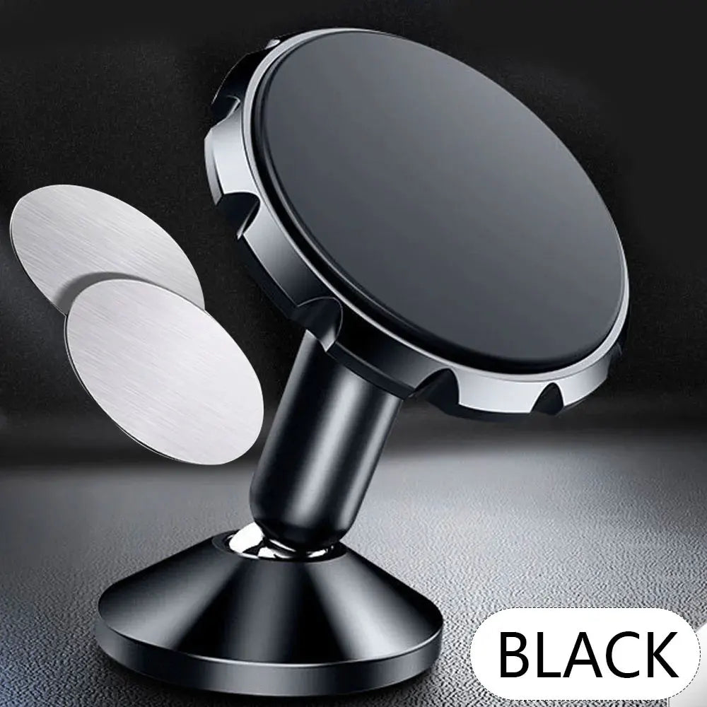 Support magnétique noir robuste avec support circulaire argenté sur une surface sombre.