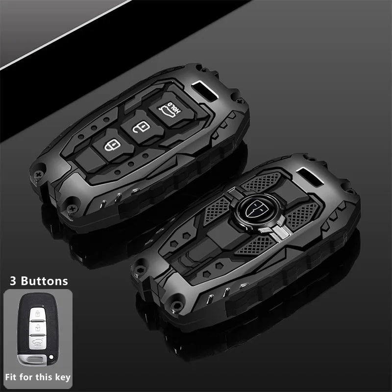 A black universal car key fob cover for Hyundai and Kia models shown with a matching key inside.