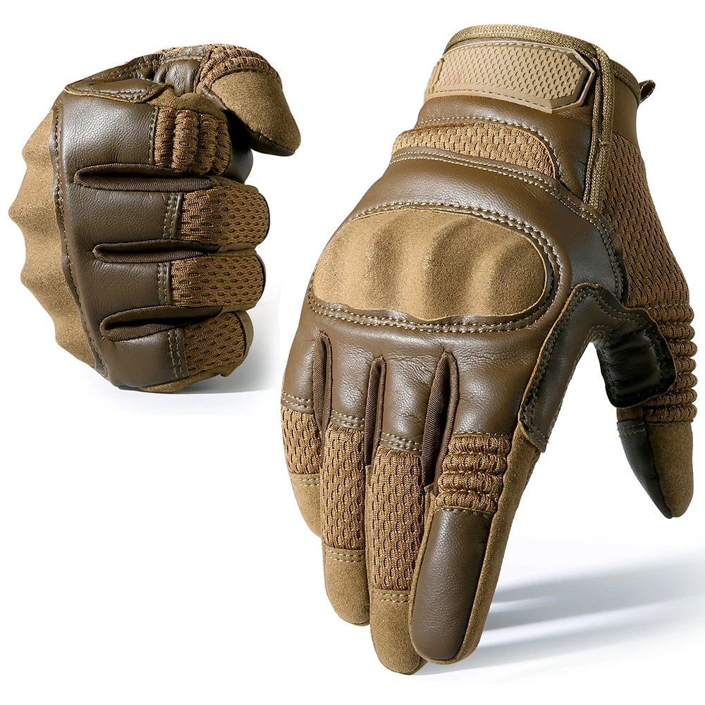 A pair of brown tactical hard-shell gloves with textured grip shown from the back and side.