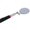 Silver extendable inspection mirror with a black handle and 360 degree rotation feature