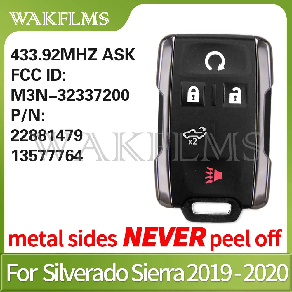 Black universal remote key for a Silverado Sierra truck with FCC ID and part numbers
