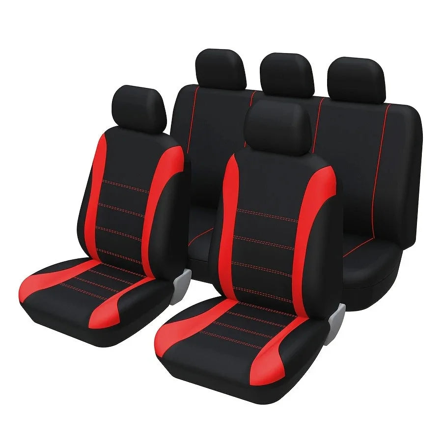 A set of four black seat and cushion covers with red accents shown from above.