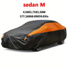 Black and orange all-weather UV car protection cover for a sedan M vehicle.