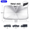 A metal stick foldable car windshield sunshade shown in various vehicle contexts like SUV, pickup, and van.