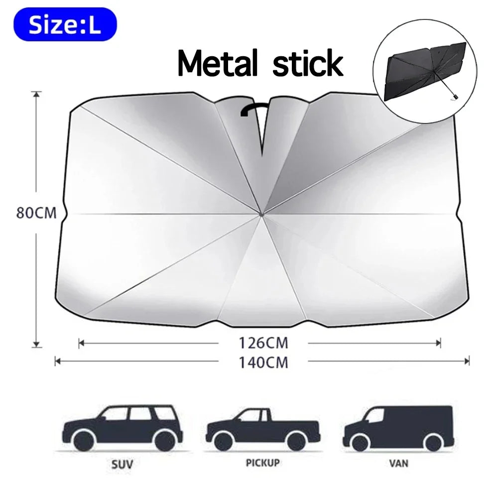 A metal stick foldable car windshield sunshade shown in various vehicle contexts like SUV, pickup, and van.