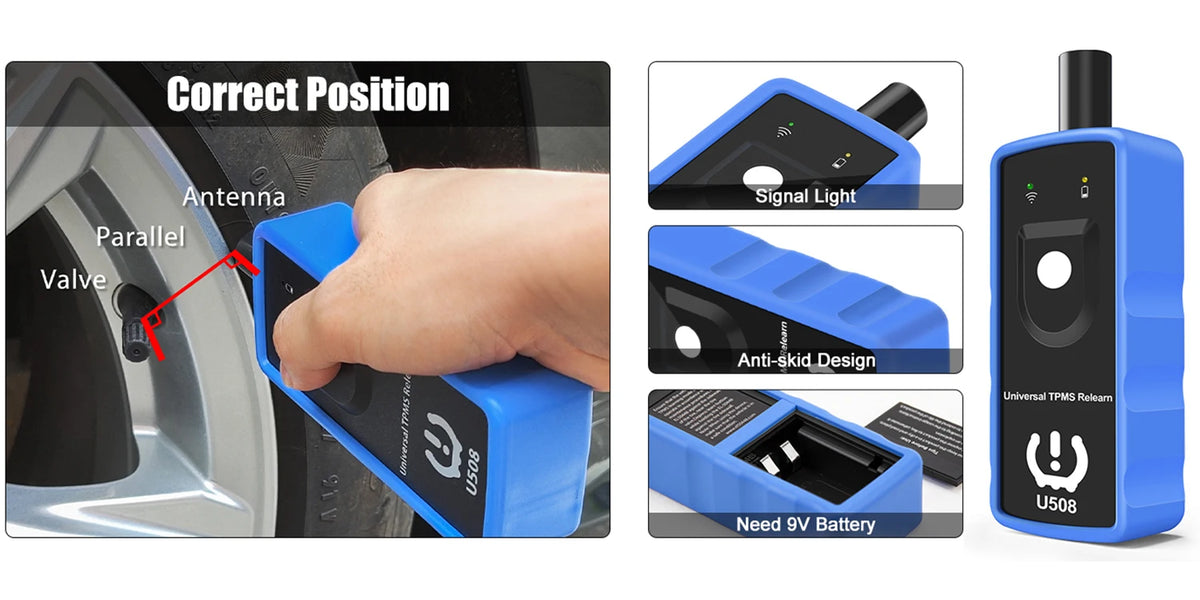 A blue TPMS relearn tool showing how to correctly position the antenna, valve, and battery for vehicle systems.