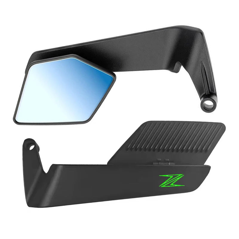 A black adjustable motorcycle side mirror with a clear reflective surface.