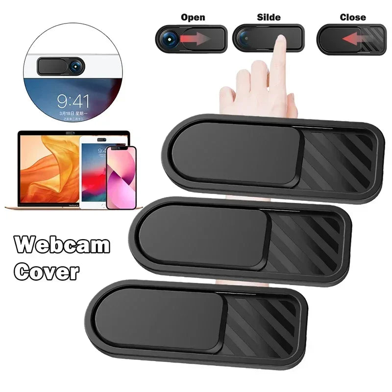 Black sliding privacy camera cover for phones, tablets, and laptops shown with open, slide, and closed positions