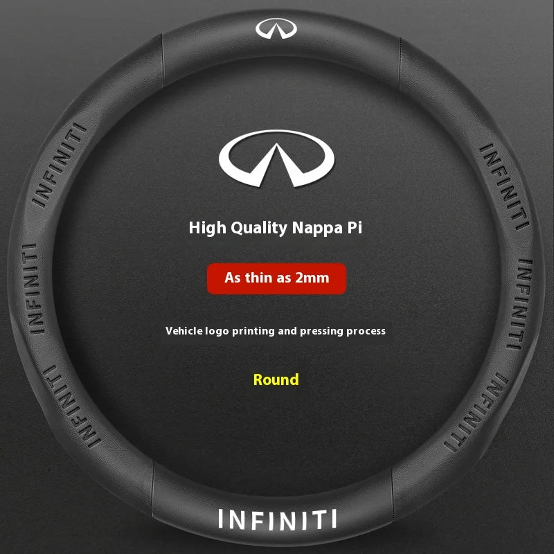 Round black steering wheel cover for Infiniti models featuring a vehicle logo printing and pressing process