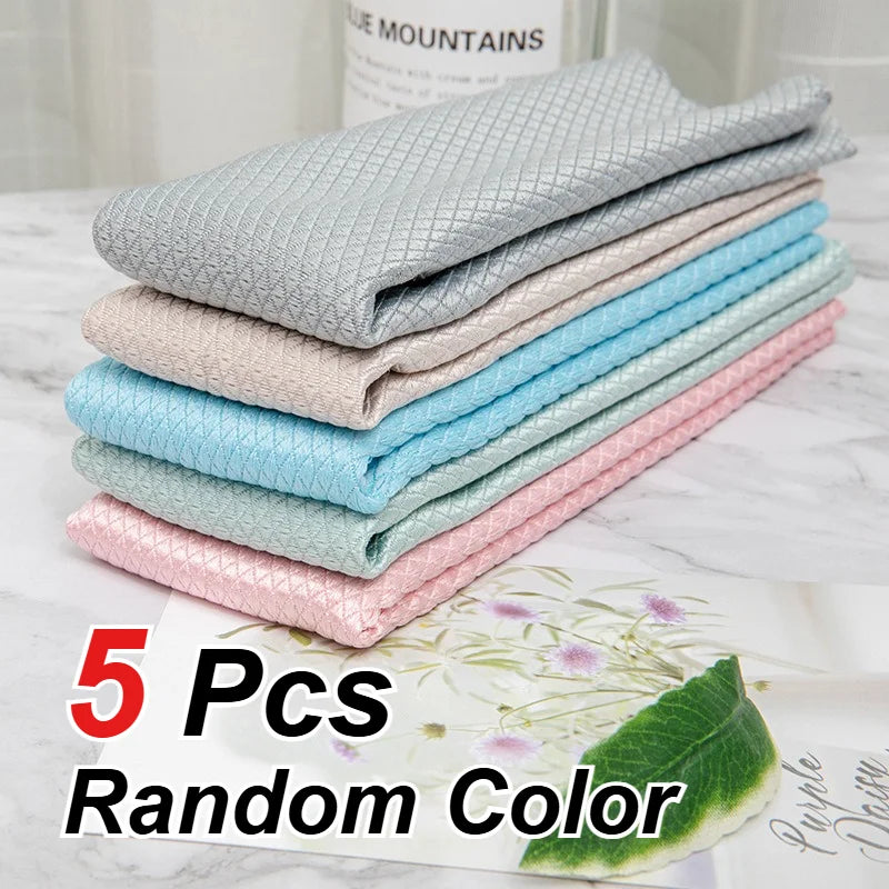 A stack of five reusable glass cleaning cloths in various pastel colors, including light blue, pink, and mint green.