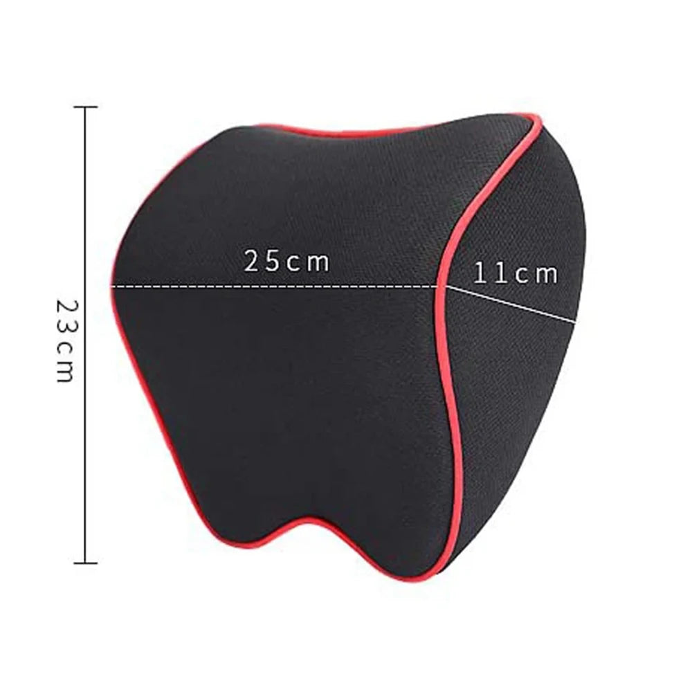 Black memory foam car headrest neck pillow with adjustable strap shown from the side.