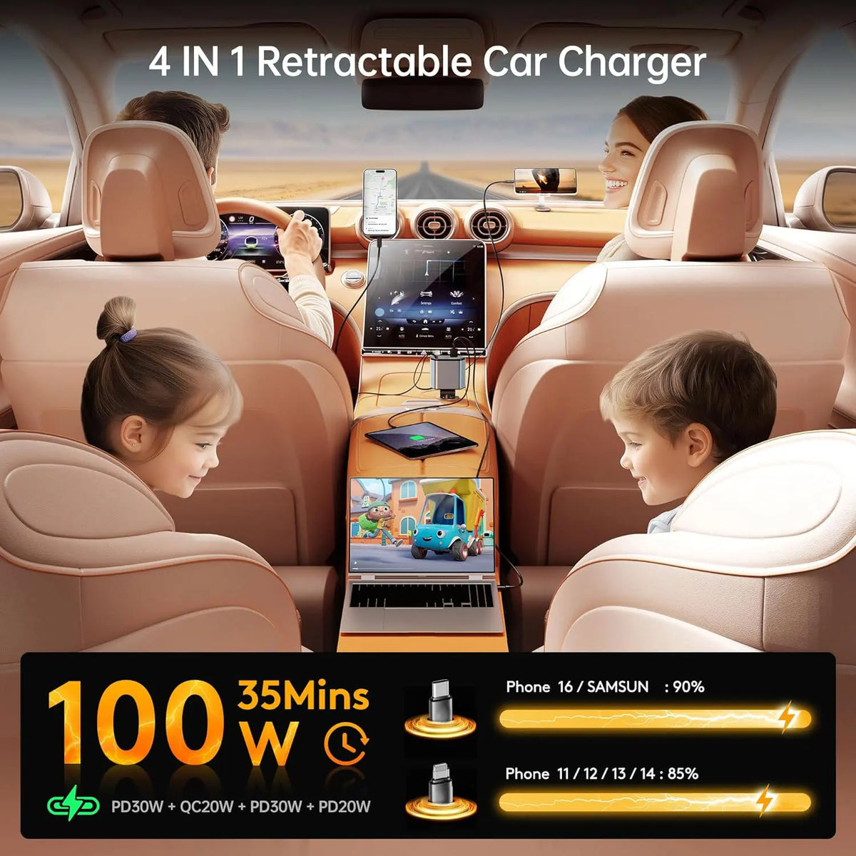 Chargeur de voiture rétractable 4-en-1 installé dans une voiture avec des enfants assis à l'avant.