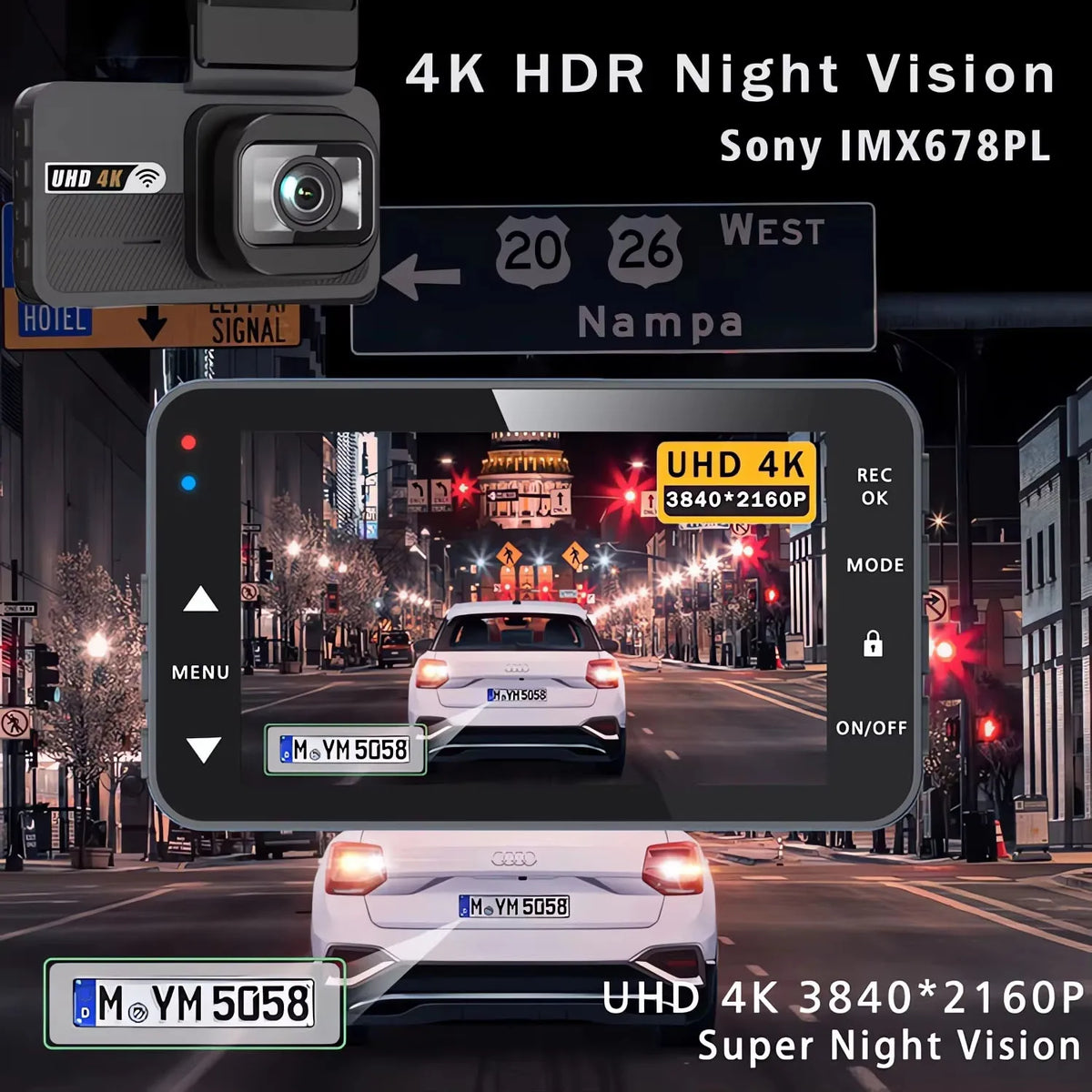 A 4K HDR night vision dash cam mounted on a car, showing a nighttime street view.