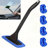 A black car windshield cleaning tool with a blue sponge head and multiple cleaning pads shown.