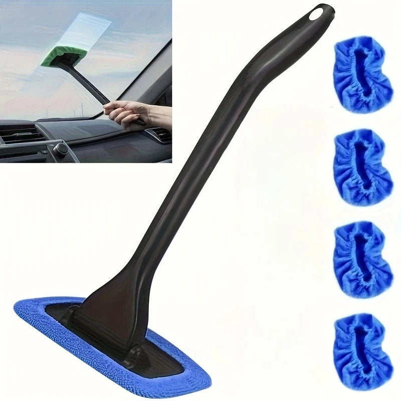 A black car windshield cleaning tool with a blue sponge head and multiple cleaning pads shown.